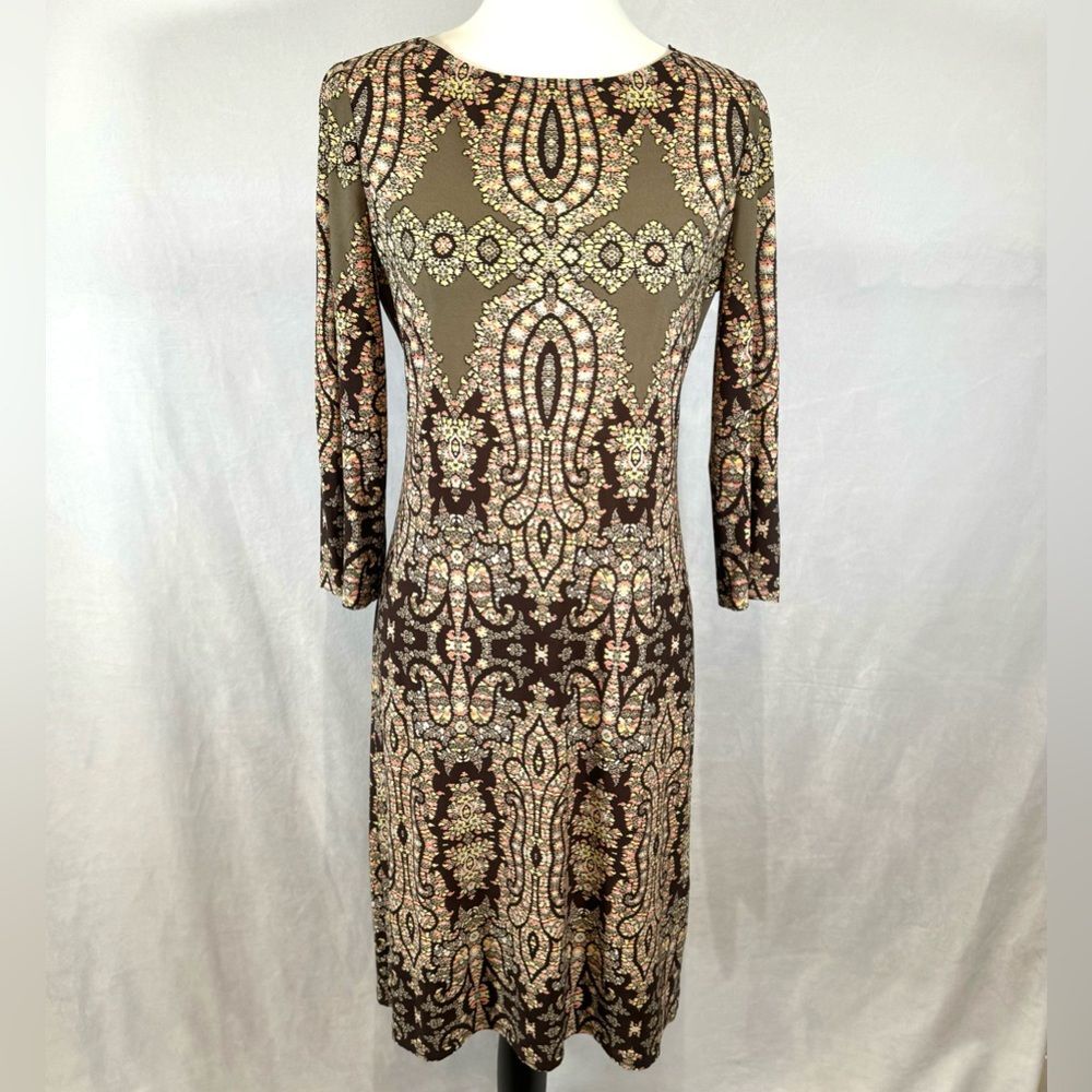 London Times olive green pink and yellow ditsy floral print sheath dress size 4